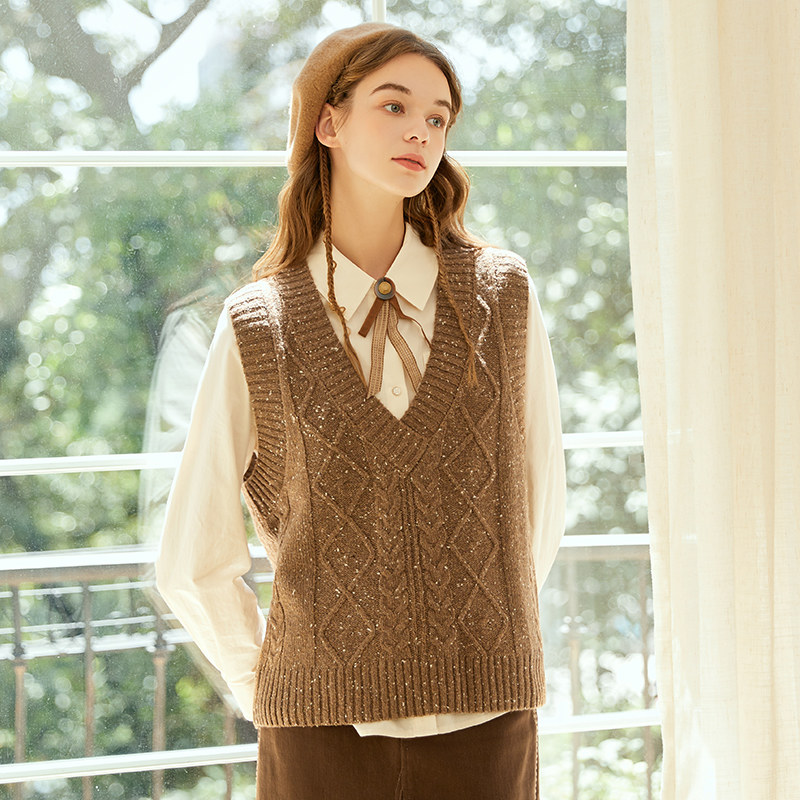 复古简约彩点纱V领马甲背心加厚