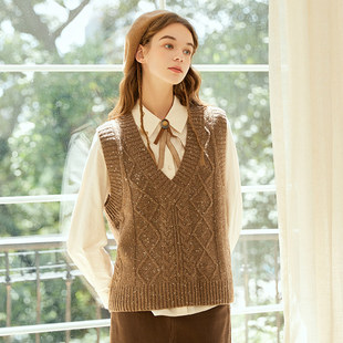 Famecoco折扣店法式 V领针织背心F225CA027 复古绞花马甲叠穿短款