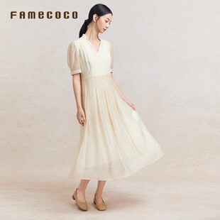 Famecoco折扣店优雅气质天丝茶歇长裙收腰显瘦V领连衣裙FAC3FA039