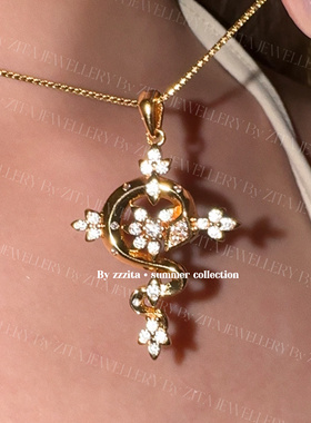 ZZZITA 野心之花·Ambitious Heart～闪钻蛇形十字架花朵锁骨项链