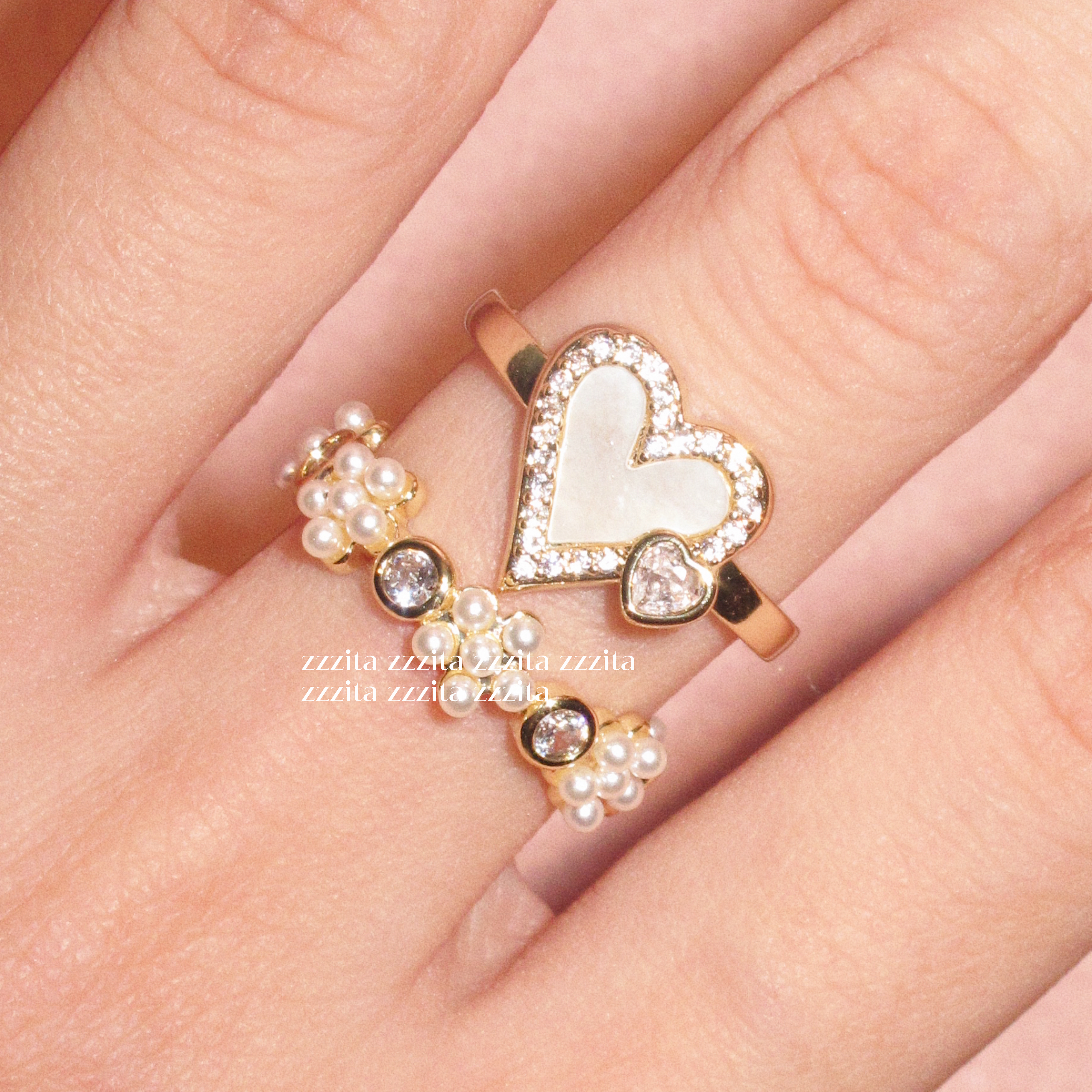 ZZZITA 诱惑月光·Seductive Moonlight～百搭闪钻爱心花朵戒指