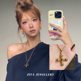 ZZZITA 一秒出片～美式复古金色十字架项链百搭小众设计感毛衣链