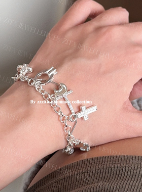 ZZZITA 无人区玫瑰·Rosy Date～重工多吊坠闪钻银色十字架手链