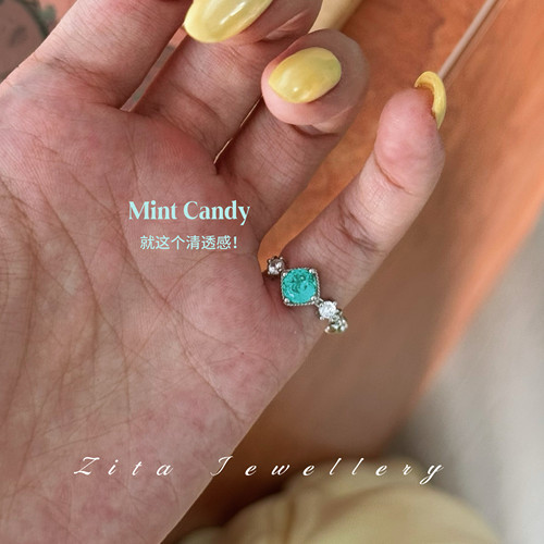 ZZZITA 薄荷糖•Mint Candy～闪钻翠蓝色尾百搭高级简约戒指戒指