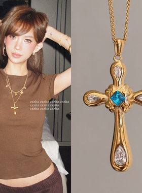 ZZZITA 上东区辣妹·Upper East Side～ins复古闪钻十字架毛衣链