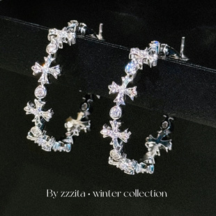 ZZZITA 美式复古辣妹闪钻十字架圈圈耳环小众感百搭ins设计感耳饰