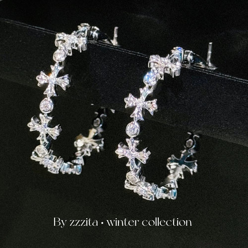 ZZZITA 美式复古辣妹闪钻十字架圈圈耳环小众感百搭ins设计感耳饰