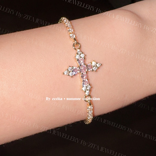 ZZZITA 美高甜心·pinky promise～美式辣妹百搭粉钻十字架手链
