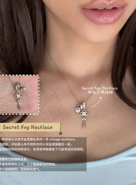 ZZZITA 微光之钥•Secret Key～小众复古辣妹咖啡金闪钻钥匙项链