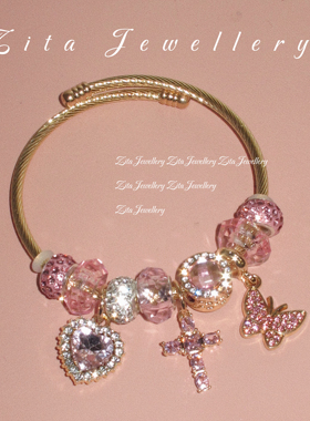 ZZZITA 粉红玩家•Pinky Dairy～小众复古辣妹粉钻十字架爱心手镯