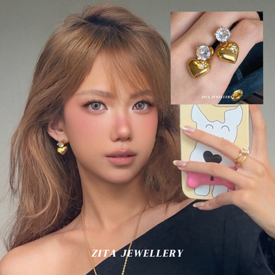 ZZZITA 秋日鎏光～美式复古辣妹金色闪钻爱心耳钉小众设计感耳环