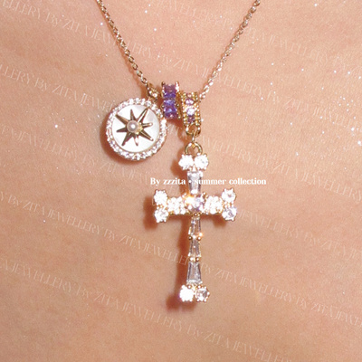 ZZZITA 无畏之星·Fearless Heart～闪钻八芒星紫粉钻十字架项链