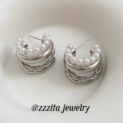 ZZZITA 伦敦夏日～小众设计多层ins麻花银色耳环高级耳钉