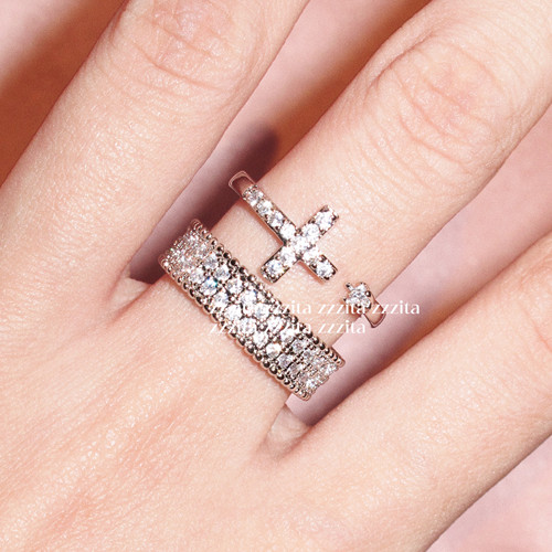ZZZITA 梦回巴黎•Back to Paris～闪钻十字架叠戴戒指简约指环