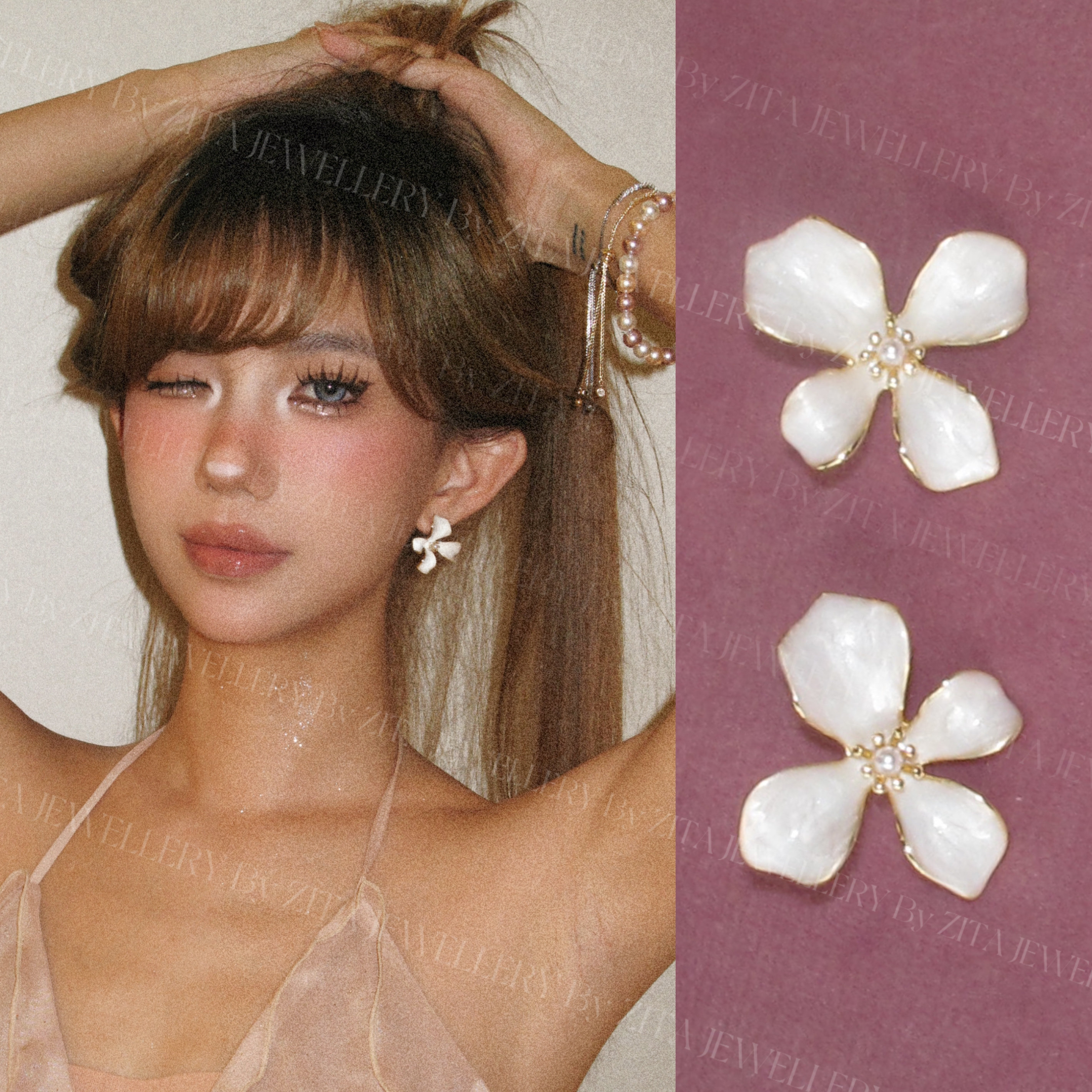 ZZZITA 自由之花·Rosy Whisper～白色滴釉贝珠花朵耳环图片