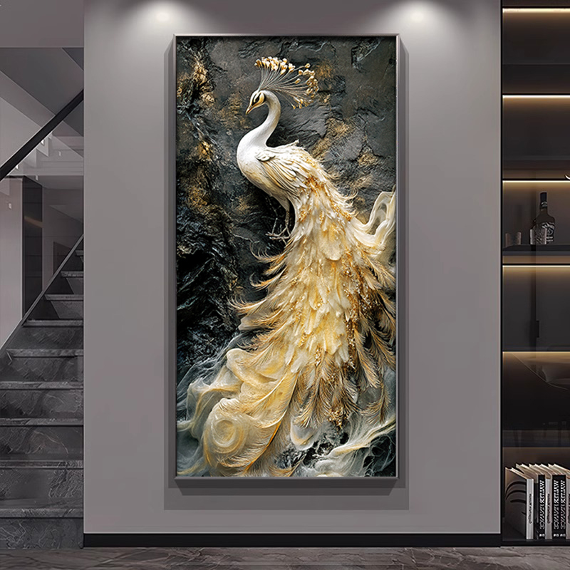 高级感浮雕立体感肌理孔雀挂画入户进门玄关装饰画走廊过道墙壁画图片