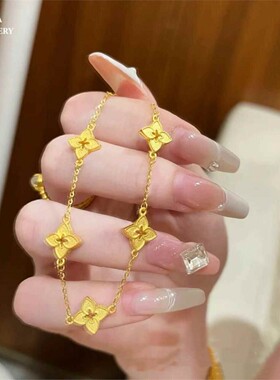 古法金布契拉丝四叶草手链 女轻奢纯银镀18K金花丝手镯高级感礼物