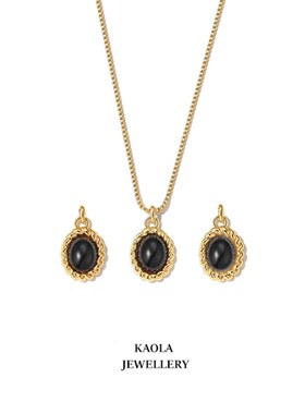 18K金黑玛瑙麻花纹项链 女复古纯银黑色椭圆毛衣链甜酷高级感礼物