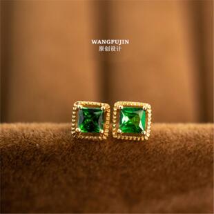 复古方形祖母绿宝石耳钉女纯银镀黄金色方糖镶钻耳环沙弗莱礼物潮