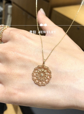 日本10K金镂空雕花项链 女异国风情复古宫廷风圆形钻石吊坠纯银潮