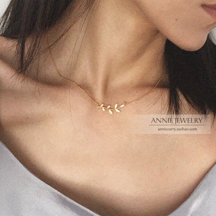 加拿大橄榄枝项链女18K黄金纯银925树叶子锁骨链韩版简约气质百搭