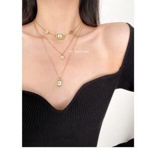 法国 Dans 24K金黑色方块四叶草项链 女复古纯银方牌锁骨链 Louie