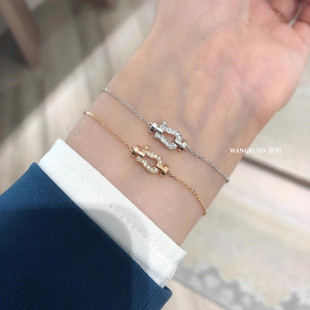 法国18K金马蹄扣手链女轻奢纯银钻石U型手镯小号半钻手环个性礼物