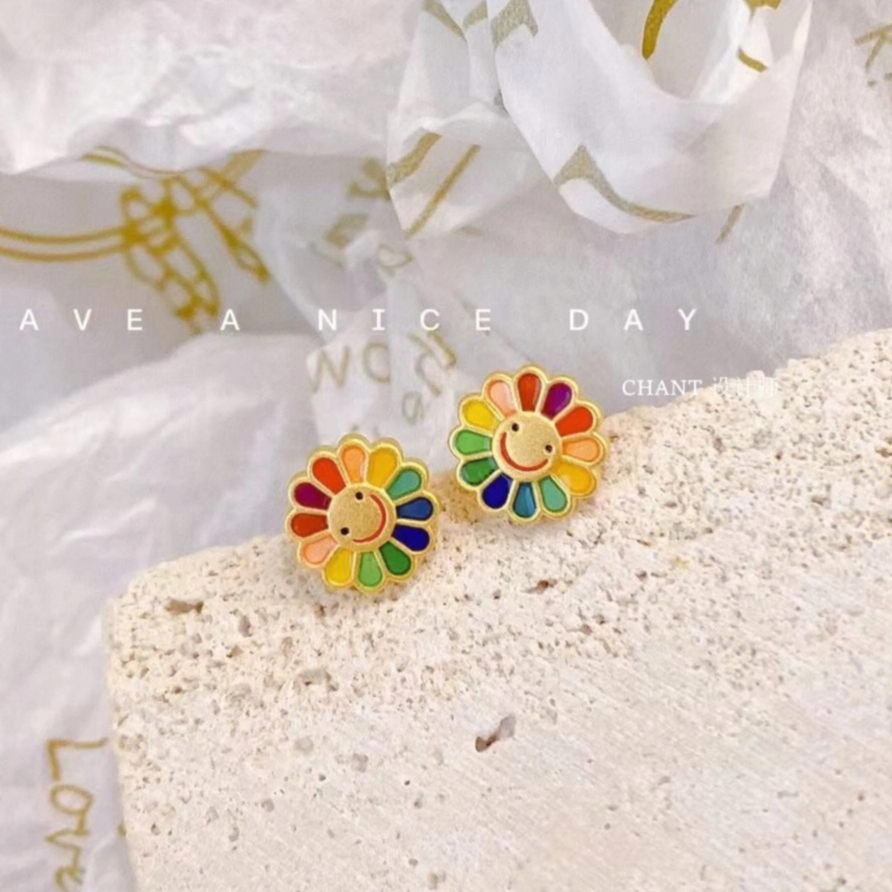 趣玩七彩笑脸太阳花耳钉女纯银彩虹向日葵雏菊耳环耳饰黄金微笑潮