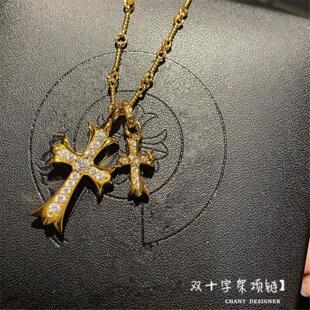 双十字架项链男女情侣款纯银镀黄金色 毛衣链潮流嘻哈吊坠个性ins