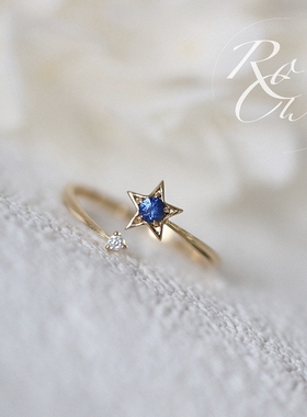 蓝极星戒指 女18k黄·金纯银蓝宝石食指钻石星星指环网红日韩气质