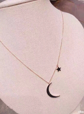 韩国东大门月亮星星项链 少女心18K玫瑰金星月锁骨链纯银个性网红