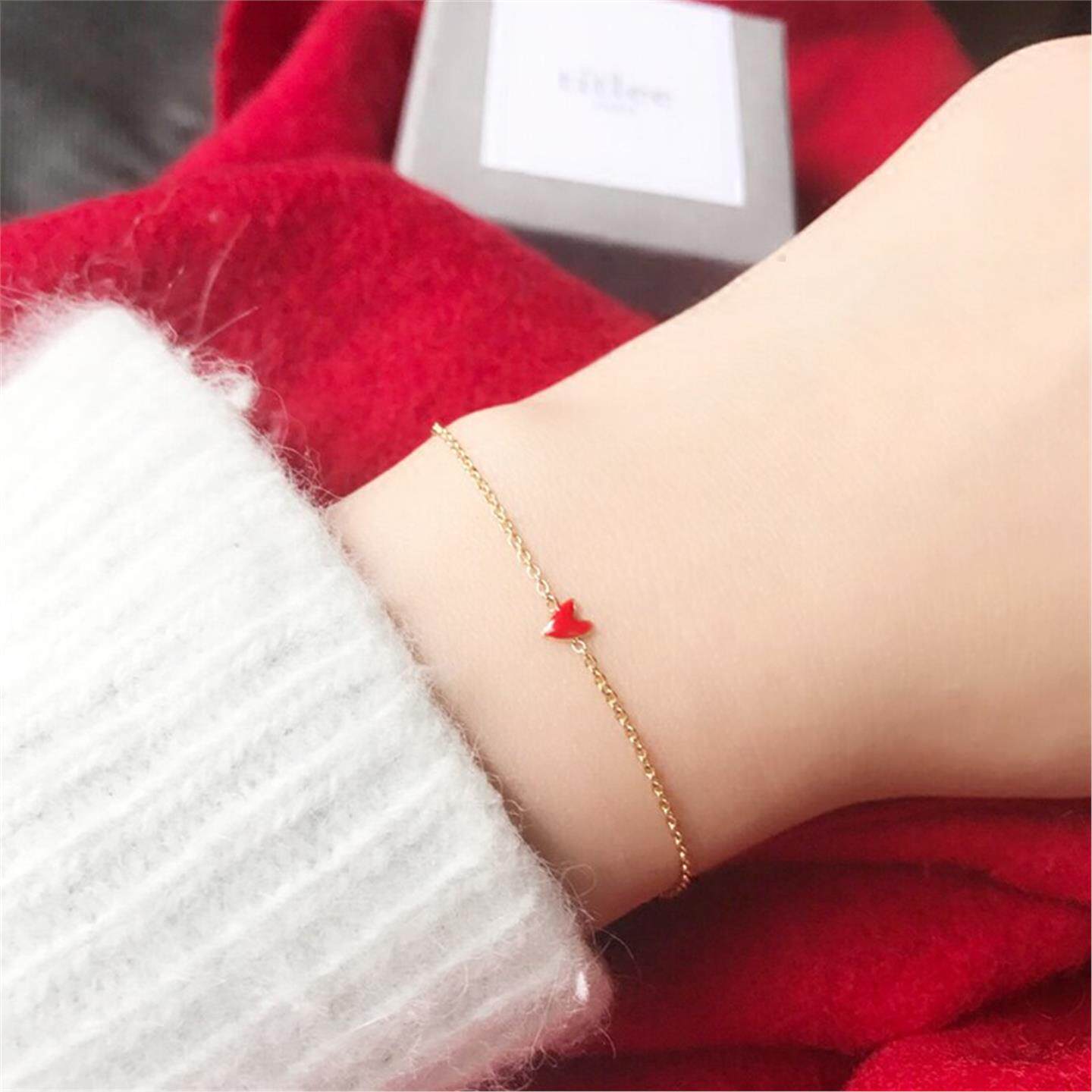 Grant少女小红心手链18K金纯银桃心爱心手镯心形手环圣诞礼物新年
