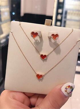 韩国18K金小红心项链 女爱心锁骨链纯银钻石心形耳钉个性新年礼物