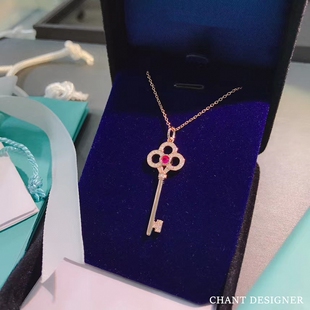 新品18K金粉钻心冠钥匙项链 女玫瑰金纯银皇冠毛衣链情人节潮