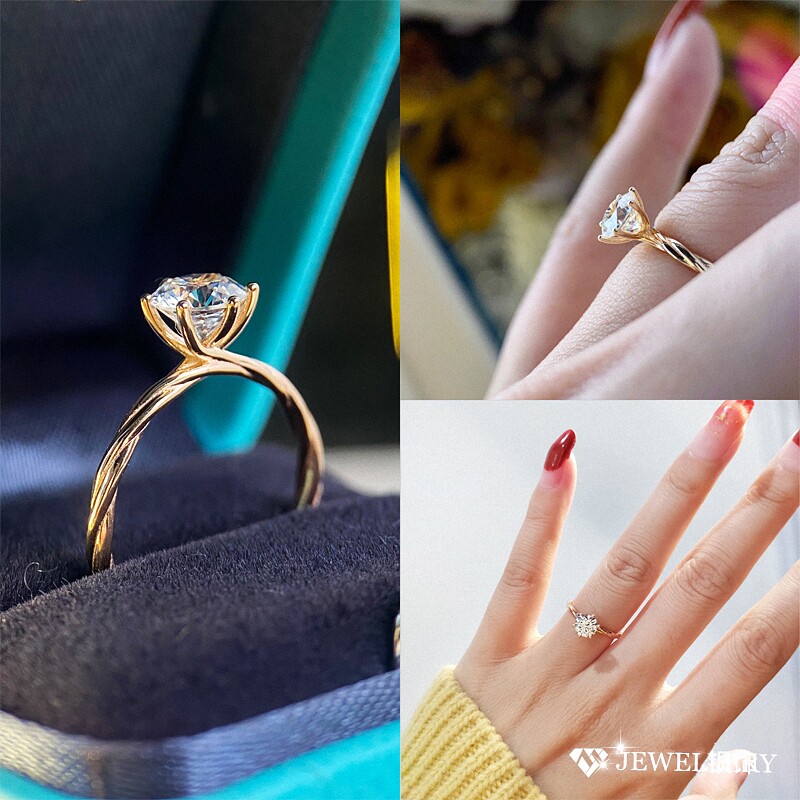 藤蔓六爪真钻戒指女18K玫瑰金纯银ins扭花指环钻石个性潮莫桑石