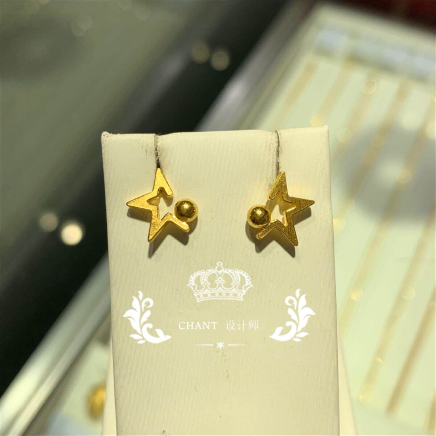 ING星星耳钉纯银镀18K黄金女五角星圆球耳环永恒星球时尚百搭礼物