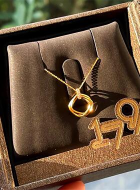 新款19716方式项链 女纯银镀18K黄金几何方形锁骨链钻石双环圆环