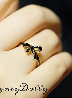 纯银镀黄金色蝴蝶结戒指 女小众设计黑色白色指环珐琅时尚个性男