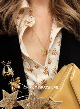 法国Louie Dans黑色方块四叶草项链纯银镀黄金色女方牌吊坠锁骨链