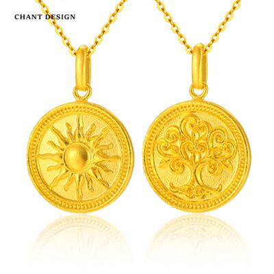 太阳神树圆牌项链 女纯银镀黄金色 发财树金币锁骨链八芒星礼物潮