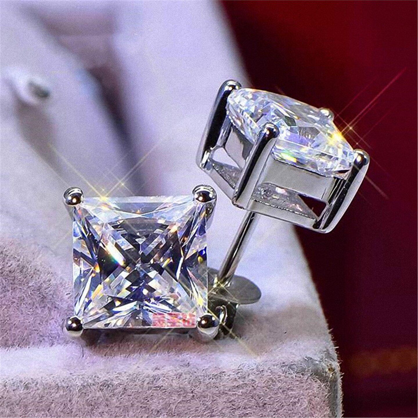 公主方钻耳钉1克拉 莫桑钻纯银耳环仿真钻情侣男女款时尚个性白金