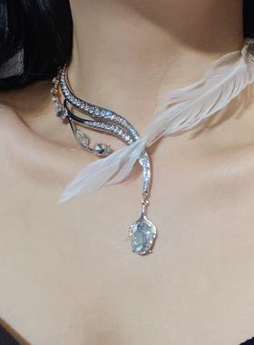 甜美仙女风水钻水滴羽毛拼接项链超仙小清新时尚优雅淑女锁骨链女