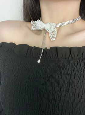 时尚优雅超闪满钻蝴蝶结流苏项链甜美气质少女感潮流设计锁骨链女
