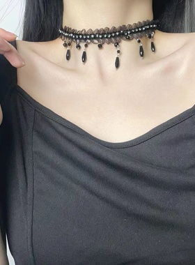 轻奢名媛黑色镶钻水滴流苏蕾丝项链时尚优雅淑女性感辣妹锁骨链女
