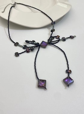 潮流设计黑色水晶蝴蝶结流苏项链甜酷轻奢时尚气质高级感锁骨链女