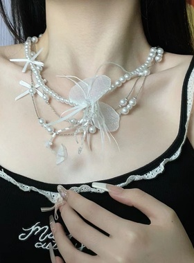 古典优雅蝴蝶结花朵珍珠多层项链法式浪漫轻奢时尚高级感锁骨链女