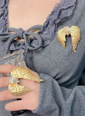 法式中古Vintage镶钻翅膀胸针戒指甜酷轻奢金色高级感小众饰品