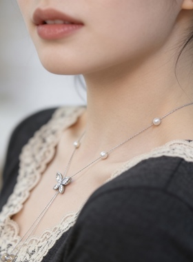 甜美水钻蝴蝶珍珠流苏抽拉项链时尚优雅淑女高级感潮流毛衣链配饰