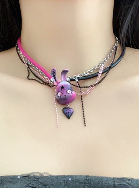 卡通可爱紫色流氓兔多层流苏项链亚文化个性甜酷辣妹高级锁骨链女