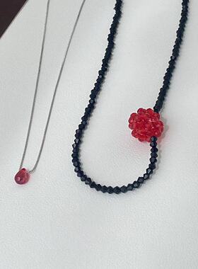 甜美气质水晶花朵黑色串珠水滴项链小清新森系时尚潮流锁骨链潮
